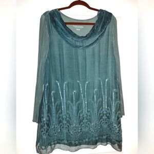Soft Surroundings Teal Silk Embroidered Tunic Top